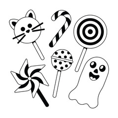 A delightful collection of thin line vector icons representing various candies and sweets.