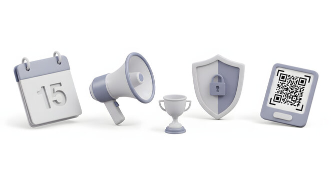 Modern 3D icon set with calendar megaphone shield and QR code.