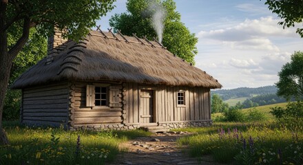 Idyllic Rustic Log Cabin with Thatched Roof and Smoking Chimney in a Serene Countryside Landscape