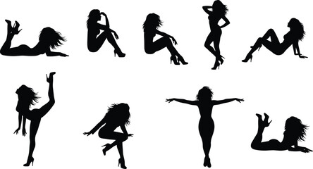Female silhouette vector, stylish woman pose, black figure illustration, seated standing dancing posture, artistic body shape, gesture design reference