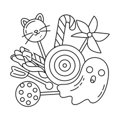 A delightful collection of thin line vector icons representing various candies and sweets.