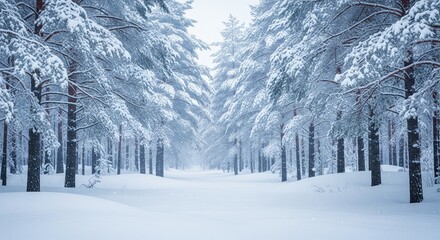 Snowy Winter Forest Path with Tall Pine Trees