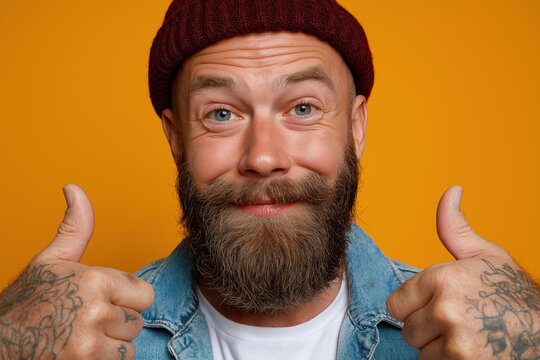 Happy tattooed man in red knit beanie giving double thumbs up against bold orange studio background
