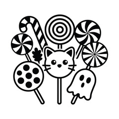 A delightful collection of thin line vector icons representing various candies and sweets.