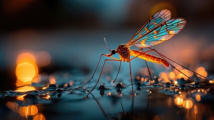 Mosquito near neon water surface glowing softly, macro close-up capturing insect detail and radiant liquid reflections in surreal nature composition