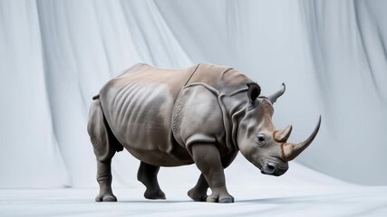 A realistic sculpture of a rhinoceros with detailed textures and a neutral background, emphasizing the animal's form and features
