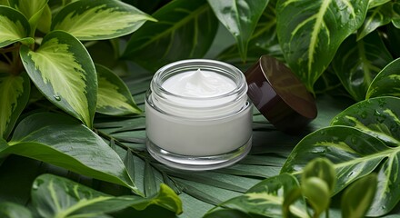 Cream in Glass Jar Surrounded by Green Leaves on Natural Surface