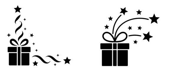 Christmas corner border with gift box and festive star accents in clean black silhouette style for seasonal graphic design use