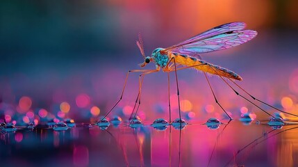 Mosquito near neon water surface glowing softly, macro close-up capturing insect detail and radiant liquid reflections in surreal nature composition