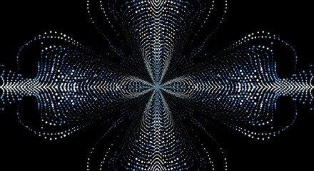 Abstract symmetrical pattern of glowing blue and white digital dots forming a complex, mesmerizing fractal design on black background