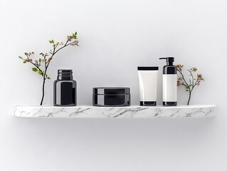 A minimalist arrangement of black and white skincare bottles and jars on a marble shelf, adorned with small flowering branches.