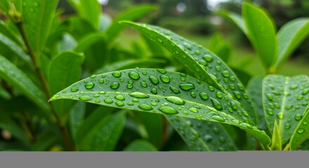 Fresh Green Leaves with Water Droplets on Surface in Natural Garden Setting