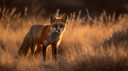 Fototapeta premium Red fox standing in golden grass at sunset