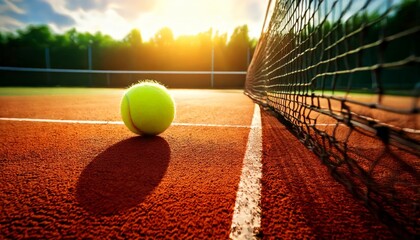 Yellow tennis ball in midair above a red clay court