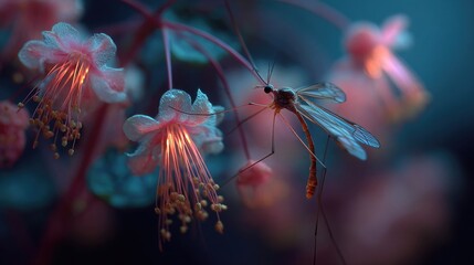 Mosquito near neon filament plant glowing softly, detailed macro close-up showing insect detail and surreal luminous botanical textures