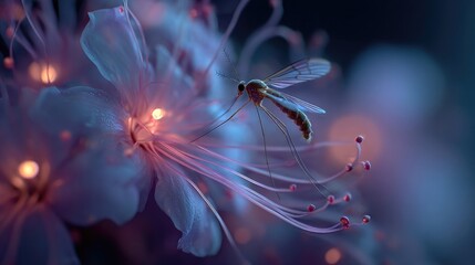 Mosquito near neon filament plant glowing softly, detailed macro close-up showing insect detail and surreal luminous botanical textures