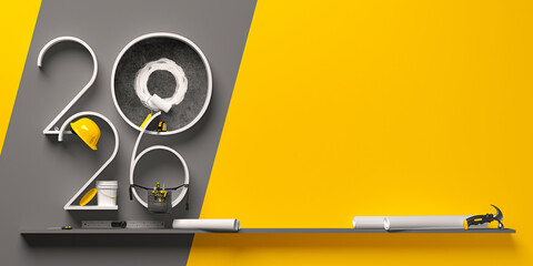 Creative 2026 New Year design template on engineering, construction and maintenance theme. 3d render illustration for a greeting card, calendar or banner.