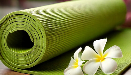 A rolledup green yoga mat rests on a flat surface