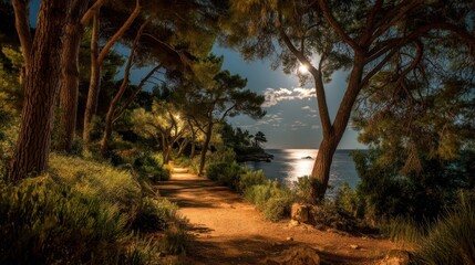 Enchanting moonlit forest path winding through a serene pine grove towards the tranquil sea under a dramatic night sky