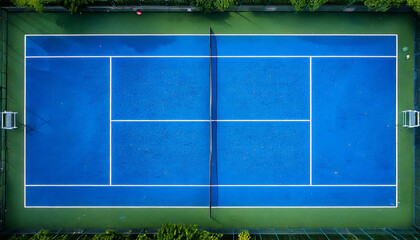 Aerial View of Blue Tennis Court, Green Surroundings, Outdoor Recreation