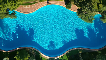 Overhead shot of a blue swimming pool with curved design