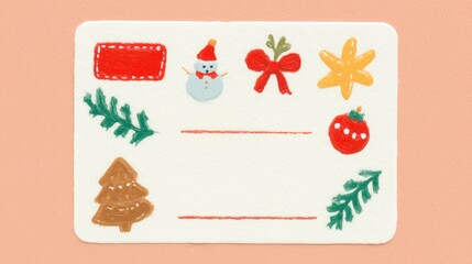 Fototapeta premium Christmas themed decorative elements: snowman, bow, star, ornament, holly, tree, red label, green foliage on textured background, suitable for wallpaper, poster, banner, festive design
