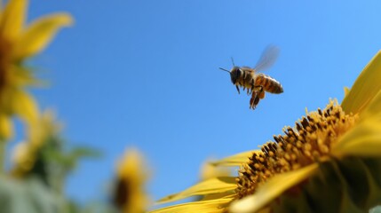 A bee hovers near a sunflower under a clear blue sky, showcasing the beauty of nature and the important role of pollinators.