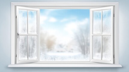 Fototapeta premium A frosted window pane reveals a serene winter landscape beyond, with soft snowflakes and a cloudy blue sky.