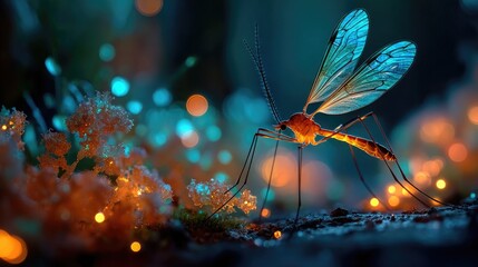 Mosquito inside neon insect micro-world glowing softly, detailed macro close-up showing insect detail surrounded by surreal luminous abstract environment