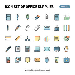 “Icon Set of Office Supplies – 20 Colorful Vector Glyph Icons for Workplace, Desk, and Productivity Tools”