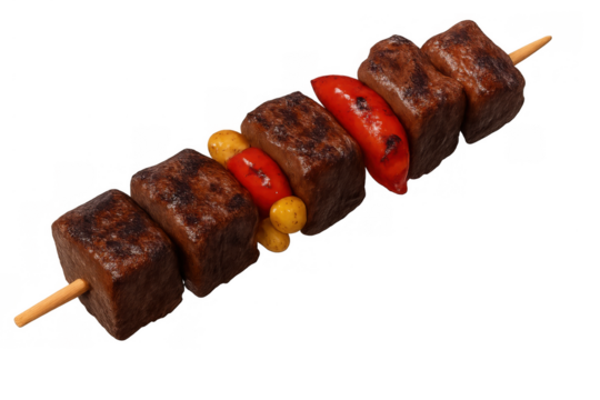 Grilled meat and vegetable shish kebab on a skewer. Cooking delicious barbecue food for summer parties and dinner