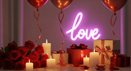 Romantic valentine's day ambiance with roses, gifts, and neon sign