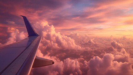 Aerial view of airplane wing above clouds during sunset or sunrise - Powered by Adobe