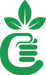 Green hand holds leaves, representing nature, ecology, and growth.