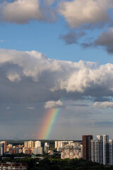 drops on the glass after rain and rainbow
