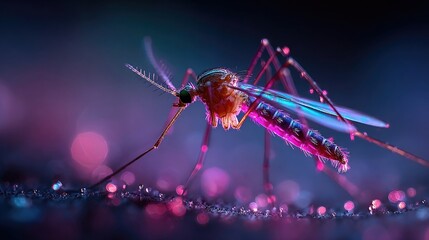 Mosquito in neon mosquito net pattern glowing softly, detailed macro insect shot with radiant neon textures and surreal luminous dark background