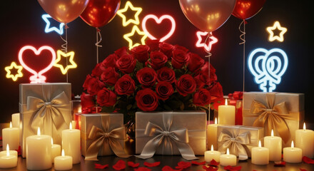 Romantic valentine's day gift boxes with roses and neon lights