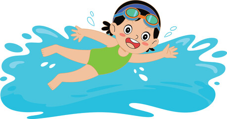 Happy cartoon girl swimming in water, playful child swimmer illustration, summer activity, fun kids sport, bright aquatic artwork for education