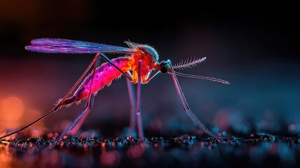 Mosquito in neon mosquito net pattern glowing softly, detailed macro insect shot with radiant neon textures and surreal luminous dark background