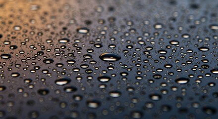 Close Up Water Droplets on Dark Surface with Colored Reflection
