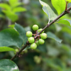 Macro photo of small green fruits growing on a tree branch with soft natural lighting. Ideal for topics involving agriculture, botany, food sources, and plant development.