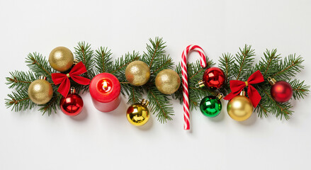 Christmas decorations with gold and red ornaments on pine branches  