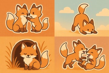 Obraz premium Playful fox duo engaging in joyful antics, showcasing curiosity and companionship, while exploring their surroundings in a fun and whimsical illustration style