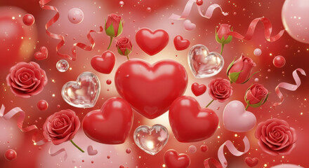 Romantic red hearts and roses celebration background with confetti