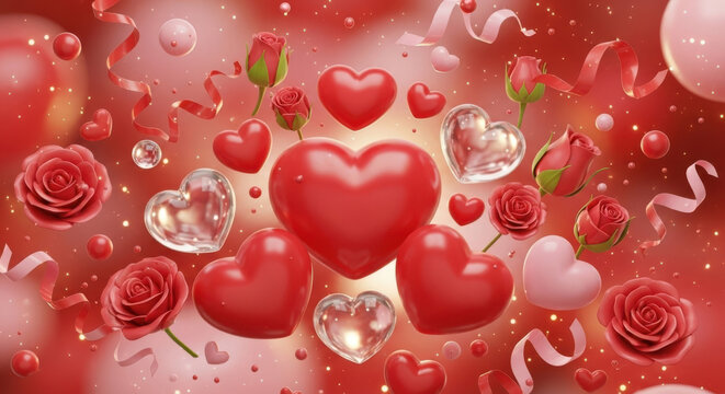 Romantic red hearts and roses celebration background with confetti