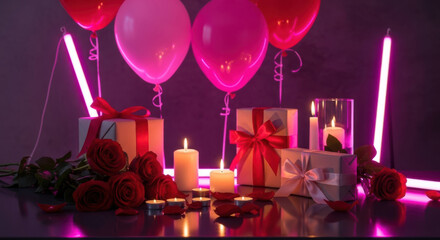 Romantic celebration with gifts, roses, candles, and balloons