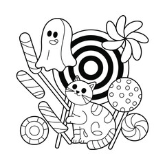 A delightful collection of thin line vector icons representing various candies and sweets.