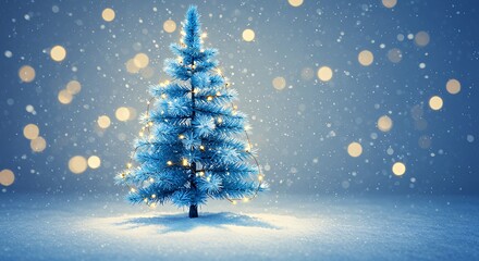 Blue Christmas Tree with Lights in Snowy Winter Scene