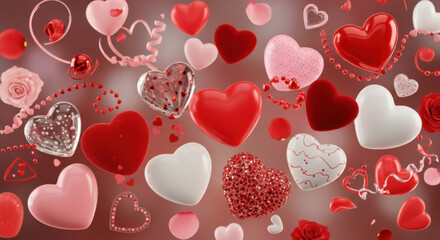 Assortment of hearts and roses in red and pink shades