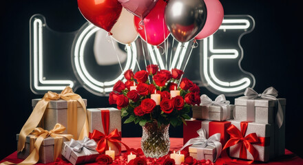 Romantic valentines day gift box and rose arrangement with neon sign